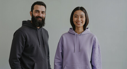 Young man and woman smiling in casual hoodies against grey background  