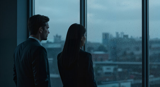 Business couple looking out the window at city skyline during rain  