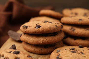 Delicious chocolate chip cookies on table, closeup