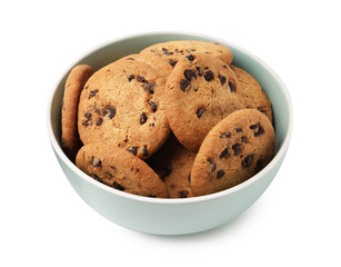 Delicious chocolate chip cookies in bowl isolated on white