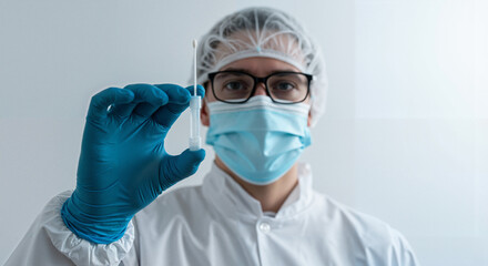 Medical professional holding test tube while wearing protective gear  
