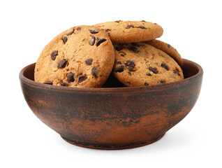 Delicious chocolate chip cookies in bowl isolated on white