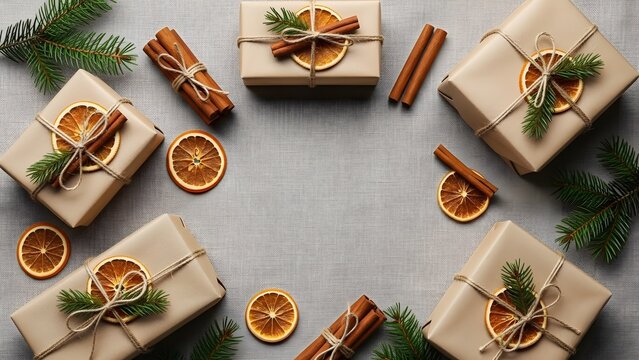 Overhead view of rustic christmas gift boxes wrapped in brown paper with cinnamon and dried orange slice decoration