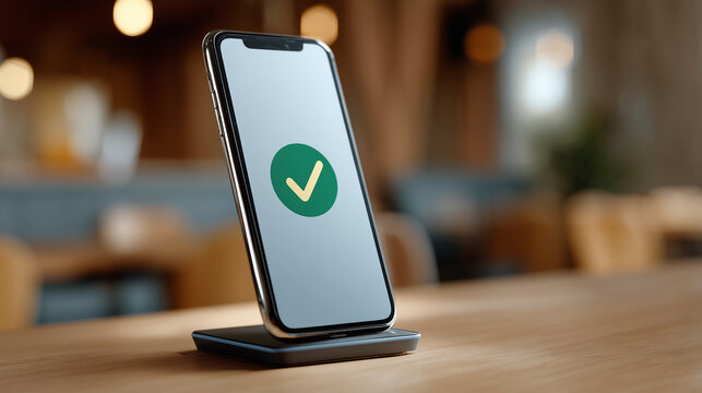 Modern smartphone on wireless charger with success check icon displayed on screen in cozy coffee shop environment - Powered by Adobe