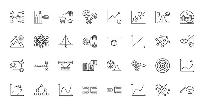 Machine learning and data science line icon set. Vector pictograms of neural networks, algorithms, and statistical graphs, thin linear illustration.