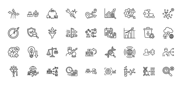 Business and technology line icon set. Vector pictograms of logistics, data analysis, healthcare, and research, thin linear illustration.