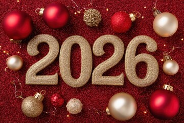 Top view of shimmering golden 2026 numbers surrounded by festive Christmas decorations and twinkling lights on a vibrant red background, creating a joyful atmosphere