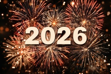 A dazzling display of colorful fireworks explodes above, casting bright light trails that highlight "2026, " set against a starry night backdrop