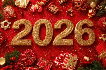 Top view of shimmering golden 2026 numbers surrounded by festive Christmas decorations and twinkling lights on a vibrant red background, creating a joyful atmosphere