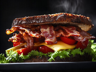 Delicious bacon sandwich with cheese, lettuce, and tomato on dark background  