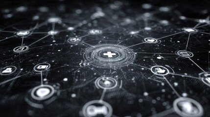 Digital Healthcare Network: An interconnected digital web represents modern healthcare, with data points and icons linking to a central hub representing critical medical care.