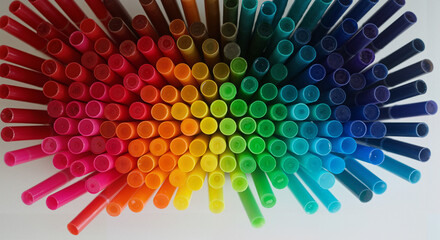 Colorful array of markers arranged in a rainbow pattern  