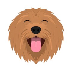 A cute, happy dog face in a cartoon style, featuring a brown, fluffy head with closed eyes, a black nose, and a pink tongue sticking out