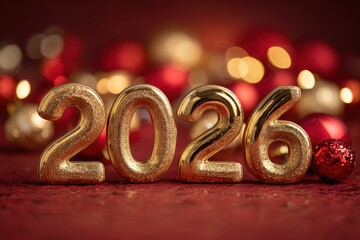 Festively arranged golden 2026 numerals atop a rich red surface, adorned with colorful Christmas ornaments and sparkling lights, evoking a celebratory New Year's mood
