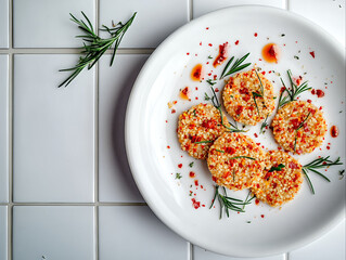 Savory crispy rice cakes garnished with herbs and spices on plate  