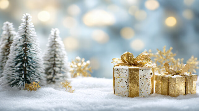 Merry Christmas and Happy Holidays greeting card, frame, banner. New Year. Christmas gift box, present and spruce tree on snow bokeh background. Winter xmas festive celebration theme.