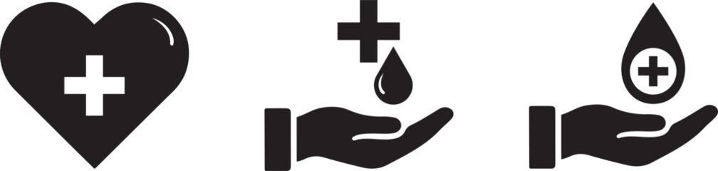 Blood donation icon set. Black and white heart, droplet, and hand vector silhouettes. Hospital and medical concept.