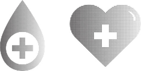 Halftone Medical Icons. Dotted and square shape blood drop and heart with cross symbols.