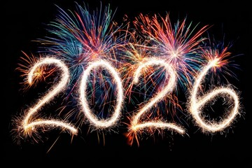 Vibrant fireworks burst in a dark night sky, illuminating "2026" in sparkling colors, with dynamic light trails creating a festive atmosphere