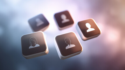 Digital representation of user profiles with abstract icons symbolizing digital identity and virtual connection in a cloud environment