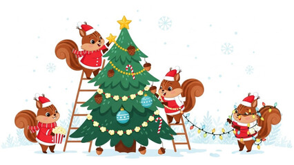 Cute cartoon squirrels in santa hats decorating a christmas tree with ornaments lights popcorn and candy canes in a snowy winter scene with snowflakes falling