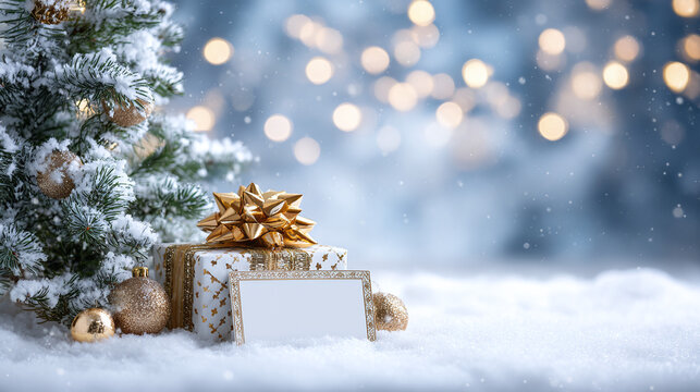 Merry Christmas and Happy Holidays greeting card, frame, banner. New Year. Christmas gift box, present and spruce tree on snow bokeh background. Winter xmas festive celebration theme. - Powered by Adobe