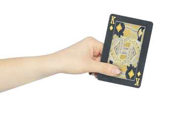 playing card diamonds king in hand, outstretched hand with black playing card isolated from background