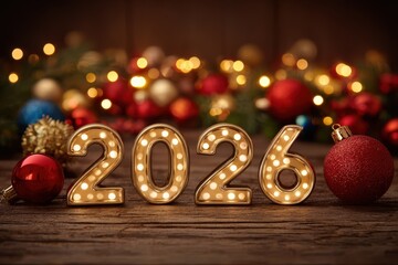 Golden 2026 numbers elegantly displayed on a rustic wooden table, surrounded by vibrant Christmas ornaments, twinkling bokeh lights, creating a warm festive atmosphere