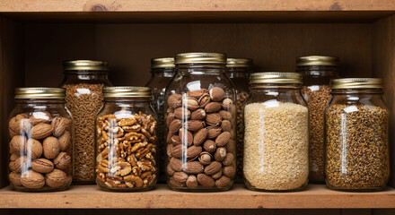 Jars filled with various nuts and seeds displayed on wooden shelf  