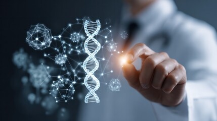 Unveiling Life's Blueprint: A doctor, poised with determination, interacts with a holographic representation of a DNA double helix, symbolizing medical innovation and scientific exploration