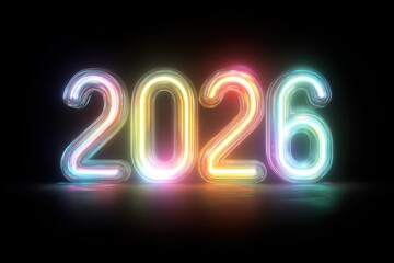 Futuristic neon 2026 digits glowing intensely, crafted from sleek tubes with a smooth transition from dark to light, offering a vibrant, festive atmosphere