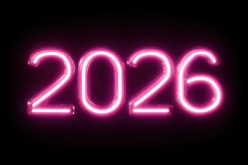 Futuristic neon 2026 digits glowing intensely, crafted from sleek tubes with a smooth transition from dark to light, offering a vibrant, festive atmosphere