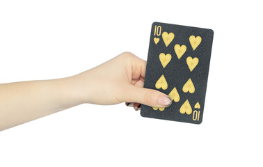 playing card hearts 10 in hand, outstretched hand with black playing card isolated from background