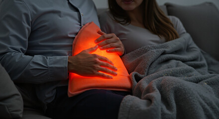 Couple relaxing on sofa with glowing heating pad and blanket  