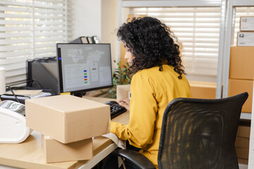 Small business warehouse operation showing female worker or warehouse owner using computer review orders, organize parcel data, maintain stock accuracy, coordinate shipping tasks in storage workspace