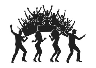 High-Energy Dance Party Silhouette Vector DJ, Dancing Crowd, and Concert Night Atmosphere