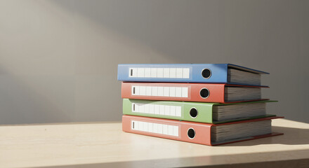 Stacked colorful binders on wooden table with natural light  