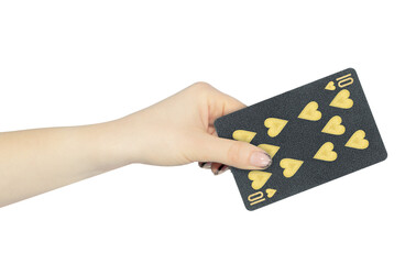 playing card hearts 10 in hand, outstretched hand with black playing card isolated from background