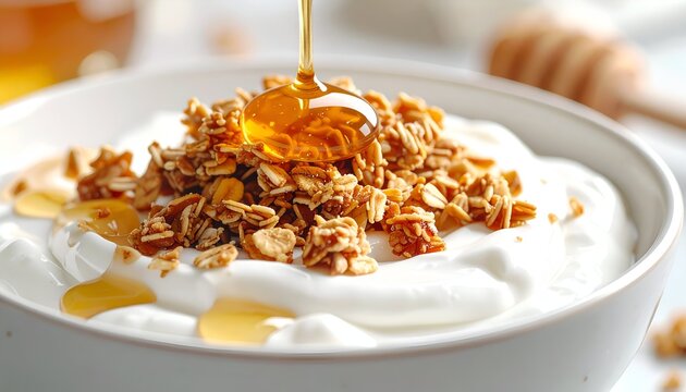 Close up of yogurt with granola and flowing honey for healthy breakfast - Powered by Adobe