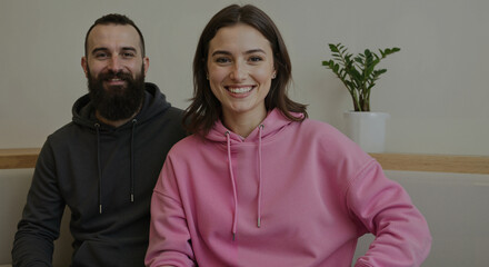 Young couple smiling while sitting on a couch indoors with plant  