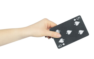playing card spades 5 in hand, outstretched hand with black playing card isolated from background