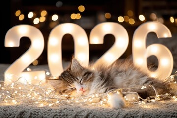 A fluffy kitten napping peacefully behind large, colorful numbers "2026, " softly illuminated by warm, golden fairy lights, creating a cozy, festive atmosphere