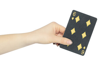 playing card diamonds 6 in hand, outstretched hand with black playing card isolated from background