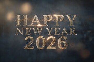 Elegant gold and silver typography of "Happy New Year 2026" illuminated with soft, warm lighting against a textured dark gray background, creating a celebratory mood