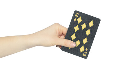 playing card diamonds 10 in hand, outstretched hand with black playing card isolated from background