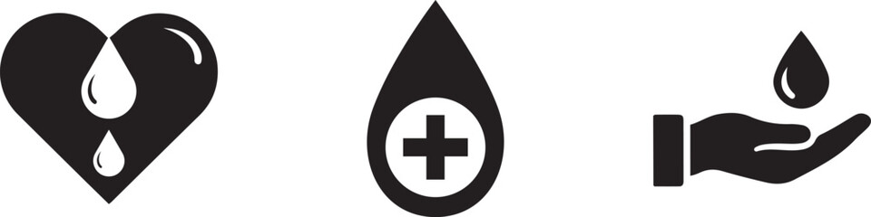 Blood donation icon set. Black and white heart, droplet, and hand vector silhouettes. Hospital and medical concept.