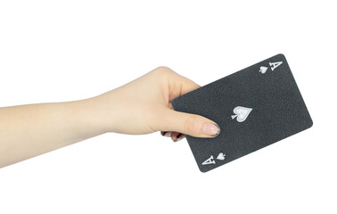 playing card spades ace in hand, outstretched hand with black playing card isolated from background