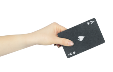 playing card spades ace in hand, outstretched hand with black playing card isolated from background