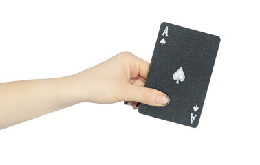 playing card spades ace in hand, outstretched hand with black playing card isolated from background