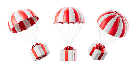 Three red and white parachutes carrying gift boxes with red ribbons, isolated style on white background. 3D Rendering concept of gift delivery